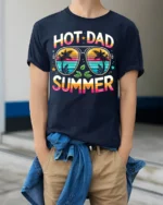 Hot Dad Summer T-Shirt Funny Retro Beach Dad - model wearing navy shirt, hands in pockets