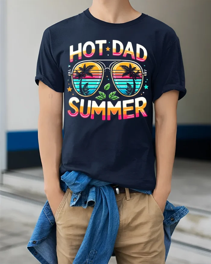 Hot Dad Summer T-Shirt Funny Retro Beach Dad - model wearing navy shirt, hands in pockets