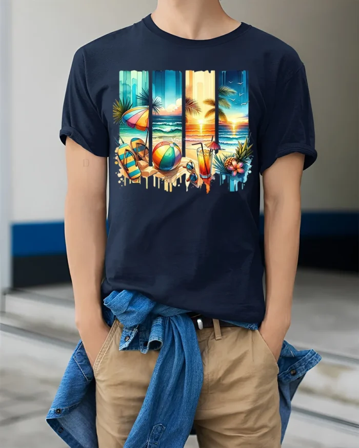 Tropical Beach Sunset T-Shirt Summer Vacation Vibes - model wearing navy shirt, hands in pockets