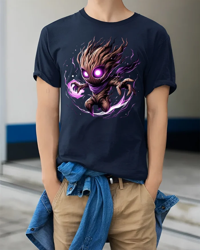 Dark Cosmic Tree Warrior T-Shirt - Fantasy Power Graphic - model wearing navy shirt, hands in pockets