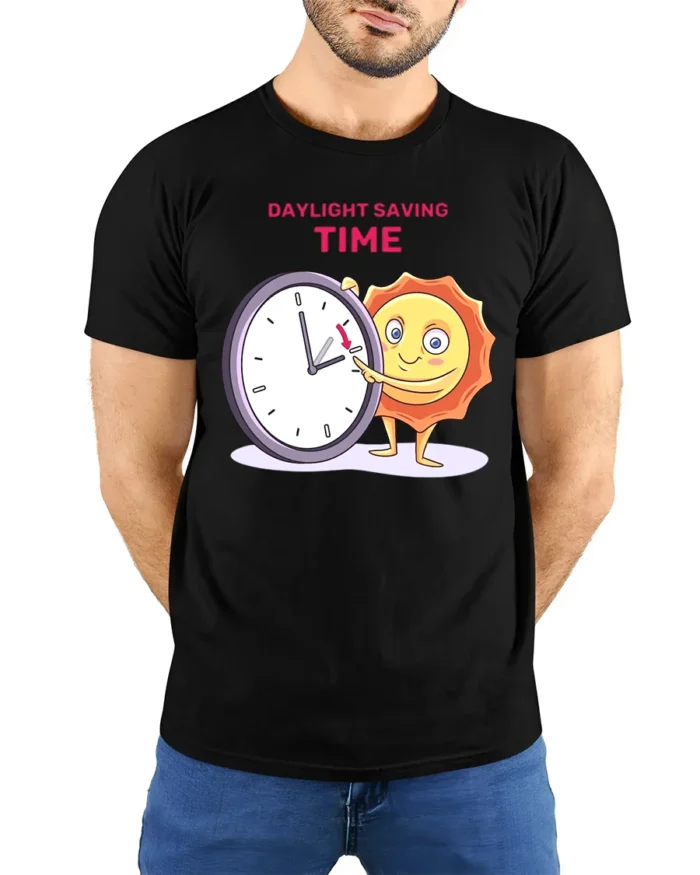 Daylight Saving Time Funny Sun T-Shirt Comfy Cotton - model wearing black shirt, hands behind back