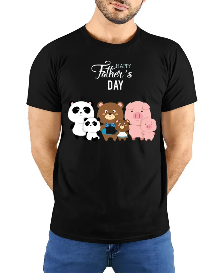 Happy Father’s Day Family Bears Pigs T-Shirt - model wearing black shirt, hands behind back