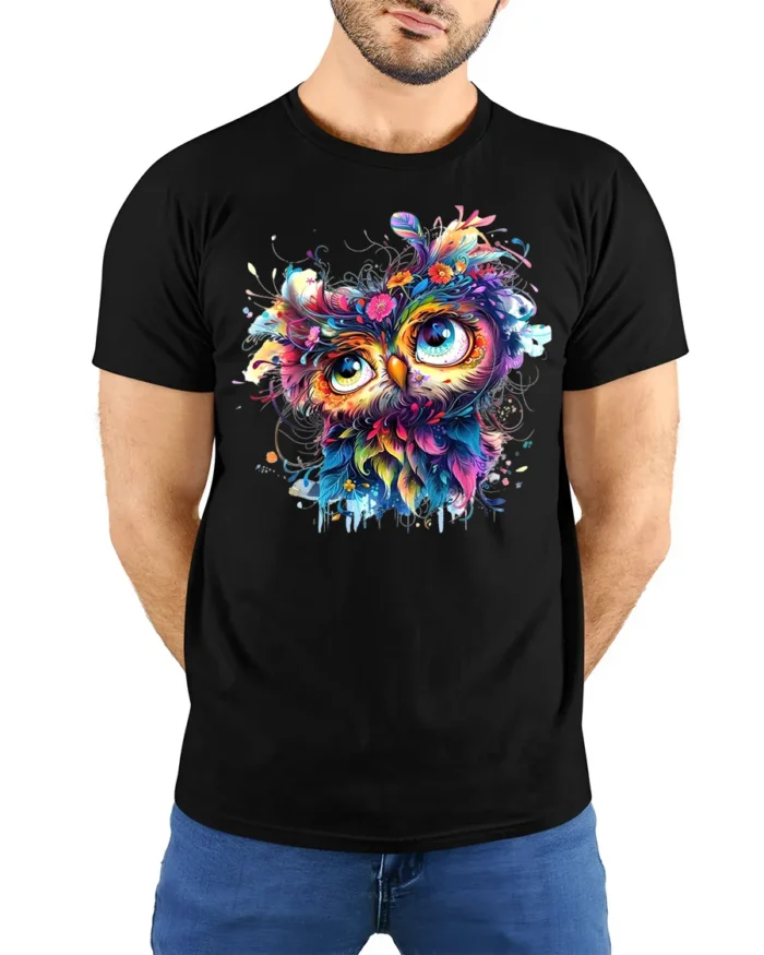 Colorful Owl Art T-Shirt Psychedelic Vibe on Soft Cotton - model wearing black shirt, hands behind back