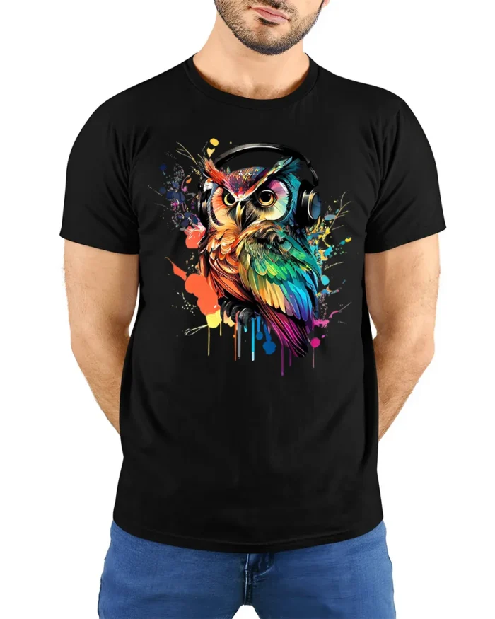 DJ Owl T-Shirt Colorful Headphones Bird for Music Fans - model wearing black shirt, hands behind back