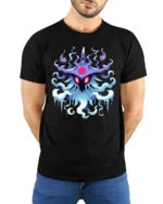 Mystic Spirit Monster T-Shirt Glow in Dark Look Ghost Tee - model wearing black shirt, hands behind back