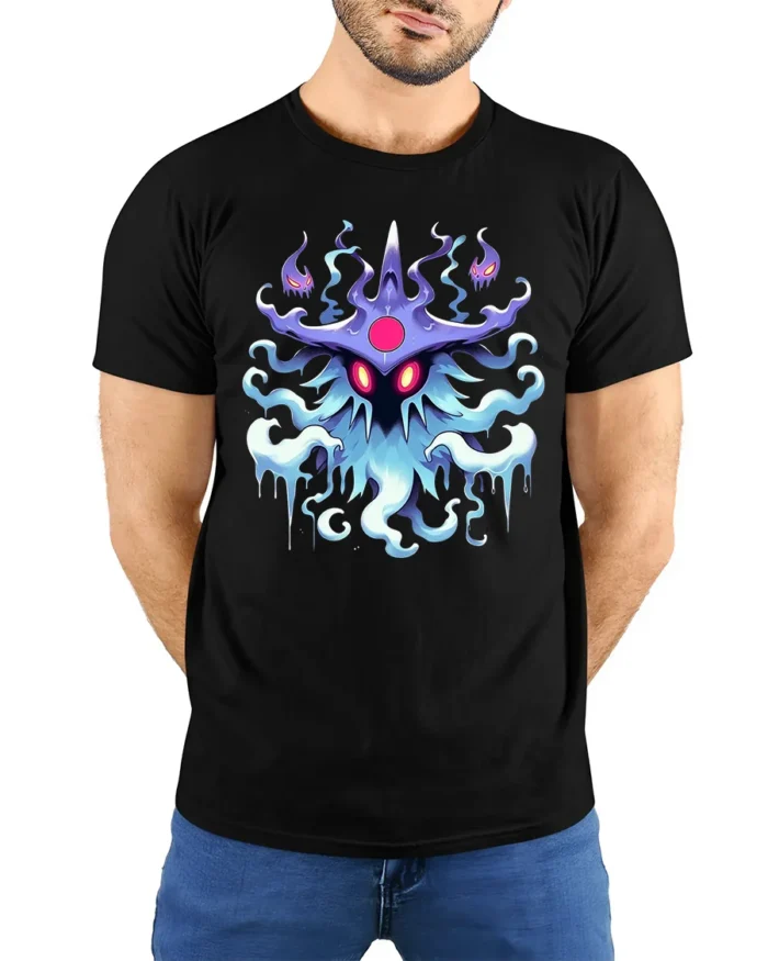 Mystic Spirit Monster T-Shirt Glow in Dark Look Ghost Tee - model wearing black shirt, hands behind back