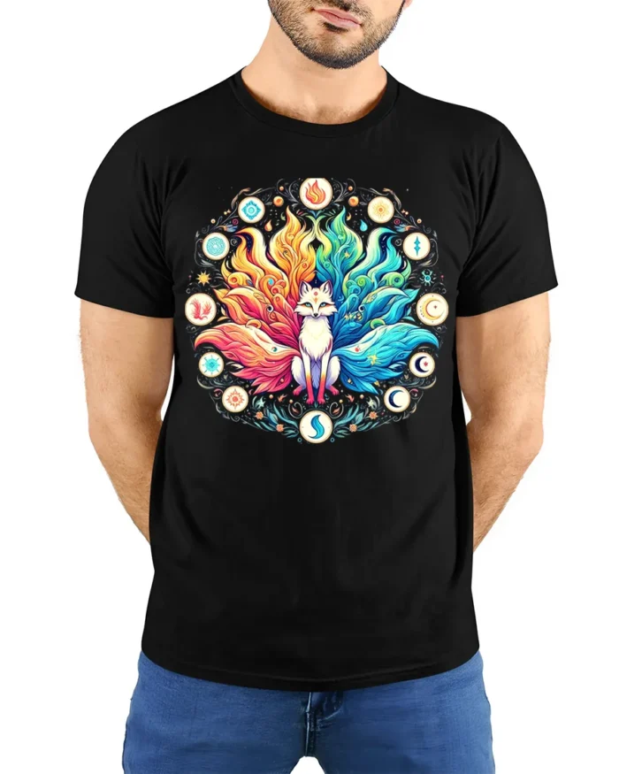 Celestial Fox Elements T-Shirt Mystical Kitsune Tee Art - model wearing black shirt, hands behind back