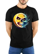 Citrus Skull Explosion T-Shirt Spooky Fruit Graphic - model wearing black shirt, hands behind back