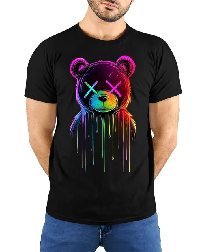 Neon Drip Bear T-Shirt Trippy Colorful Urban Streetwear - model wearing black shirt, hands behind back