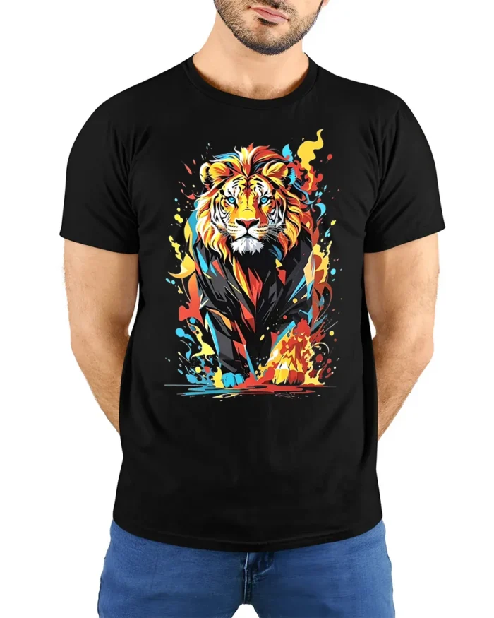 Color Burst Lion T-Shirt Fierce Vibrant Jungle King - model wearing black shirt, hands behind back