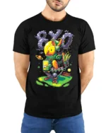 Space Chicken Explorer T-Shirt Funny Sci-Fi Animal - model wearing black shirt, hands behind back
