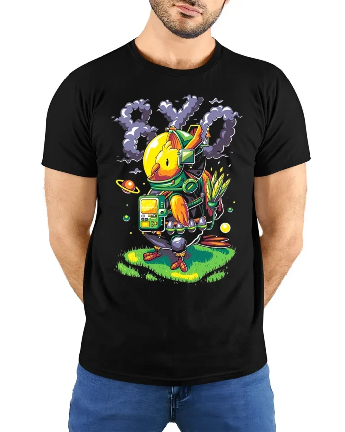 Space Chicken Explorer T-Shirt Funny Sci-Fi Animal - model wearing black shirt, hands behind back