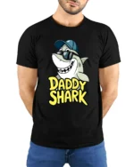 Daddy Shark T-Shirt Funny Father’s Day Gift for Dad - model wearing black shirt, hands behind back