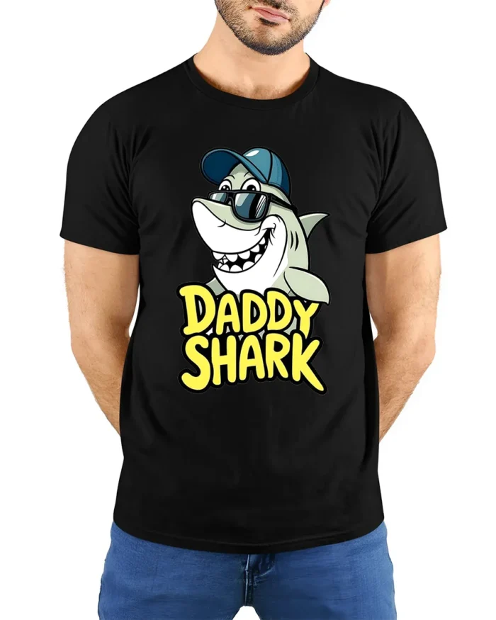 Daddy Shark T-Shirt Funny Father’s Day Gift for Dad - model wearing black shirt, hands behind back