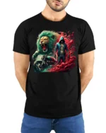 Biker Lion T-Shirt Fierce Urban Warrior Graphic Tee - model wearing black shirt, hands behind back
