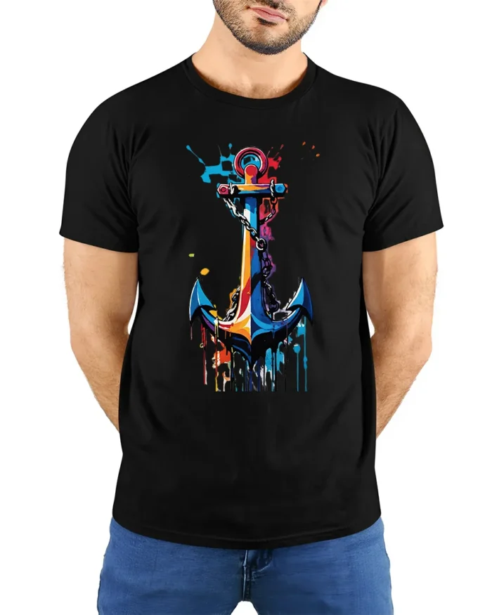 Colorful Anchor T-Shirt Nautical Art for Ocean Lovers - model wearing black shirt, hands behind back