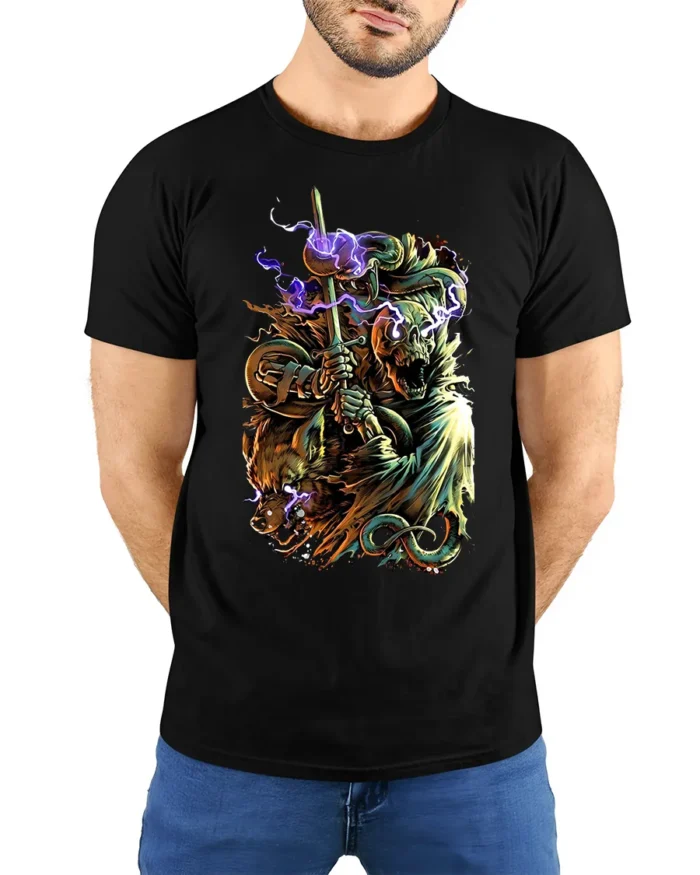 Electric Beast Warrior T-Shirt Epic Fantasy Battle - model wearing black shirt, hands behind back