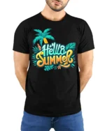 Hello Summer T-Shirt Colorful Palm Tree Beach Vibes - model wearing black shirt, hands behind back