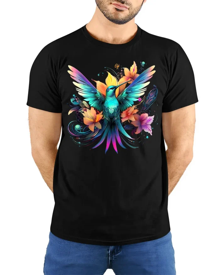 Hummingbird Floral T-Shirt Vibrant Colorful Nature - model wearing black shirt, hands behind back