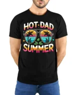 Hot Dad Summer T-Shirt Funny Retro Beach Dad - model wearing black shirt, hands behind back