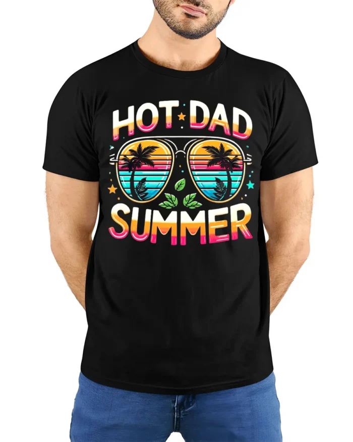Hot Dad Summer T-Shirt Funny Retro Beach Dad - model wearing black shirt, hands behind back
