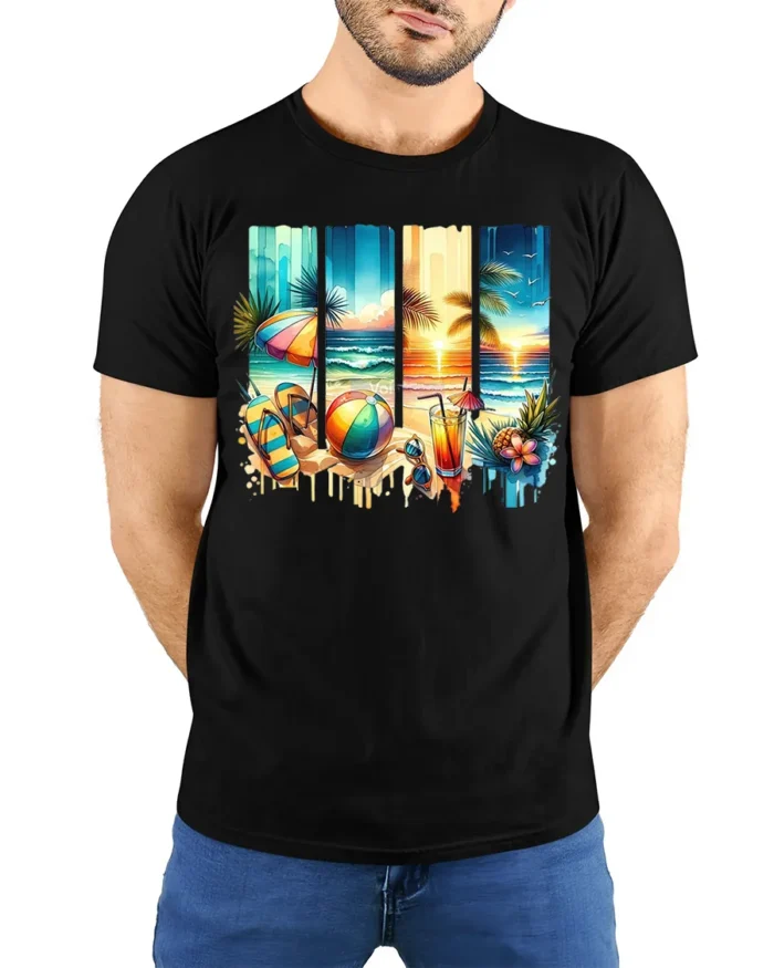 Tropical Beach Sunset T-Shirt Summer Vacation Vibes - model wearing black shirt, hands behind back