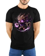 Dark Cosmic Tree Warrior T-Shirt - Fantasy Power Graphic - model wearing black shirt, hands behind back