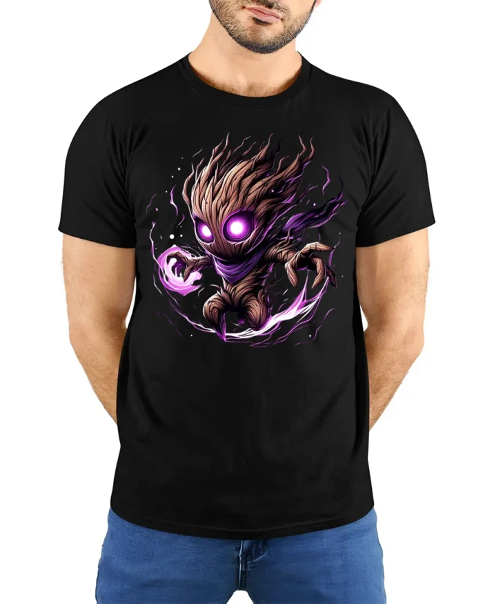 Dark Cosmic Tree Warrior T-Shirt - Fantasy Power Graphic - model wearing black shirt, hands behind back