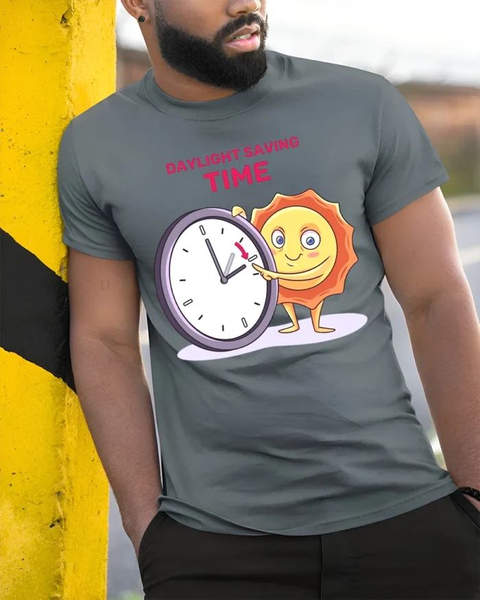 Daylight Saving Time Funny Sun T-Shirt Comfy Cotton - model in grey shirt leaning against column