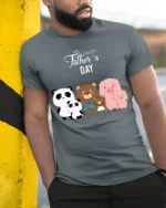 Happy Father’s Day Family Bears Pigs T-Shirt - model in grey shirt leaning against column
