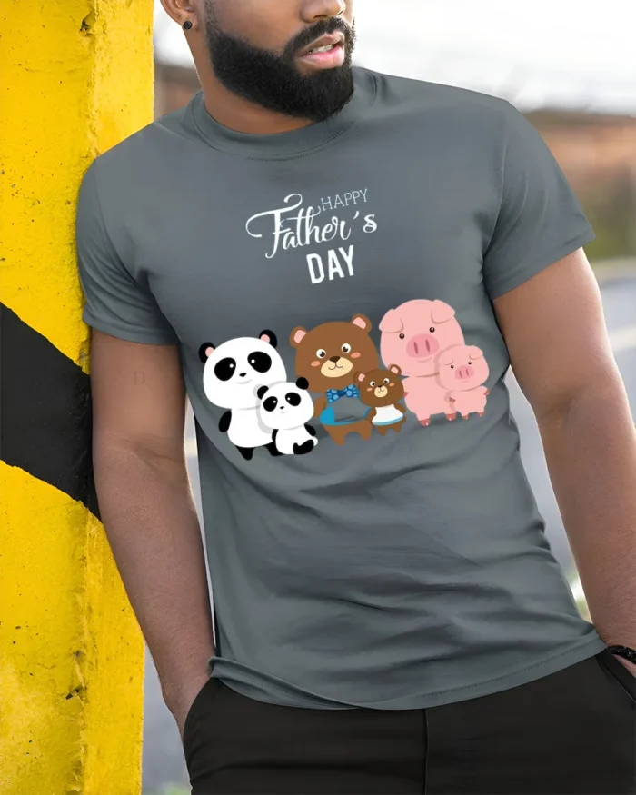 Happy Father’s Day Family Bears Pigs T-Shirt - model in grey shirt leaning against column
