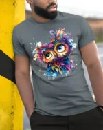 Colorful Owl Art T-Shirt Psychedelic Vibe on Soft Cotton - model in grey shirt leaning against column
