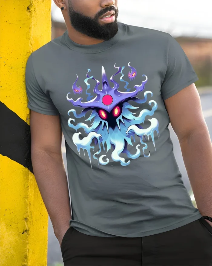 Mystic Spirit Monster T-Shirt Glow in Dark Look Ghost Tee - model in grey shirt leaning against column