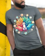 Celestial Fox Elements T-Shirt Mystical Kitsune Tee Art - model in grey shirt leaning against column