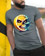 Citrus Skull Explosion T-Shirt Spooky Fruit Graphic - model in grey shirt leaning against column