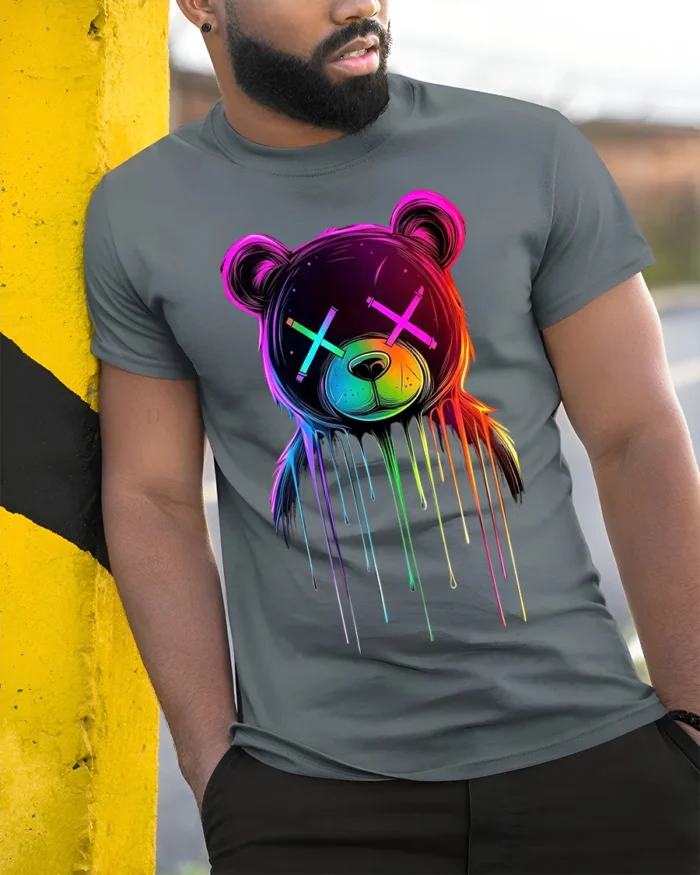 Neon Drip Bear T-Shirt Trippy Colorful Urban Streetwear - model in grey shirt leaning against column