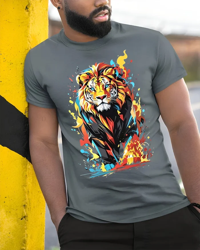 Color Burst Lion T-Shirt Fierce Vibrant Jungle King - model in grey shirt leaning against column