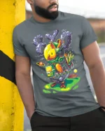 Space Chicken Explorer T-Shirt Funny Sci-Fi Animal - model in grey shirt leaning against column
