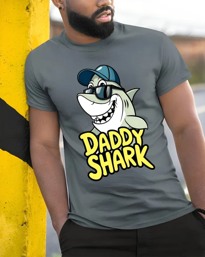Daddy Shark T-Shirt Funny Father’s Day Gift for Dad - model in grey shirt leaning against column
