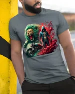 Biker Lion T-Shirt Fierce Urban Warrior Graphic Tee - model in grey shirt leaning against column