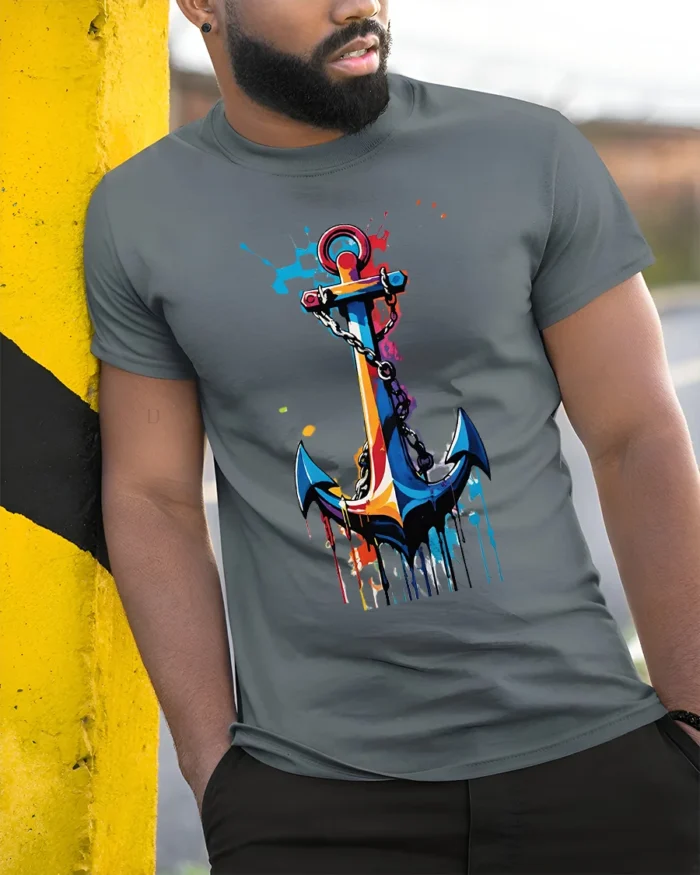 Colorful Anchor T-Shirt Nautical Art for Ocean Lovers - model in grey shirt leaning against column