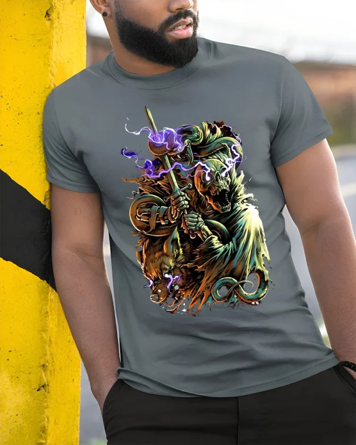Electric Beast Warrior T-Shirt Epic Fantasy Battle - model in grey shirt leaning against column
