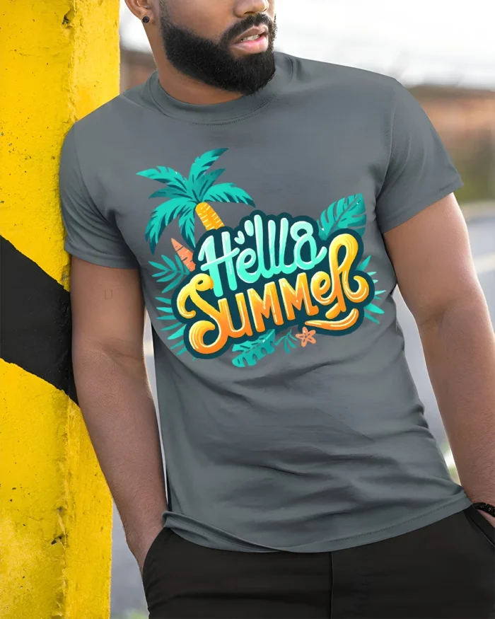 Hello Summer T-Shirt Colorful Palm Tree Beach Vibes - model in grey shirt leaning against column