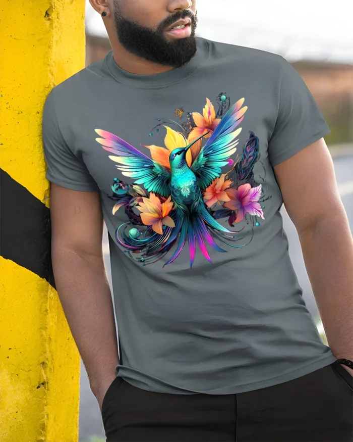 Hummingbird Floral T-Shirt Vibrant Colorful Nature - model in grey shirt leaning against column