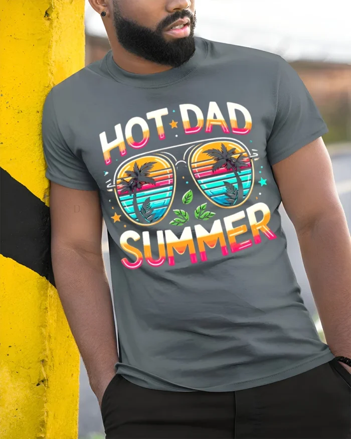 Hot Dad Summer T-Shirt Funny Retro Beach Dad - model in grey shirt leaning against column