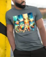 Tropical Beach Sunset T-Shirt Summer Vacation Vibes - model in grey shirt leaning against column