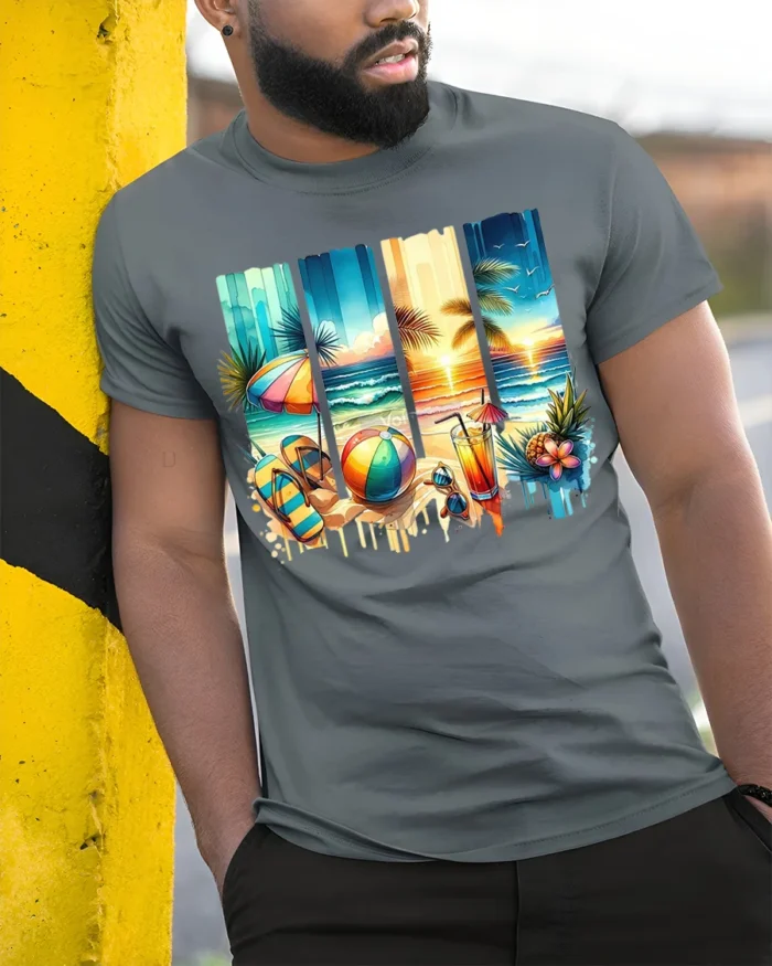 Tropical Beach Sunset T-Shirt Summer Vacation Vibes - model in grey shirt leaning against column