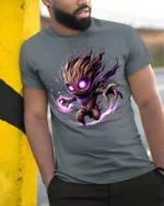 Dark Cosmic Tree Warrior T-Shirt - Fantasy Power Graphic - model in grey shirt leaning against column