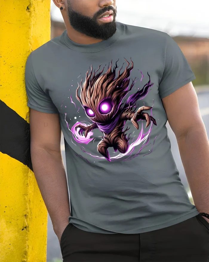 Dark Cosmic Tree Warrior T-Shirt - Fantasy Power Graphic - model in grey shirt leaning against column