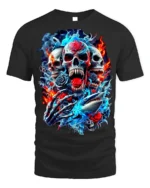 Skull and Shark Fire Ice Graphic T-Shirt for Men - black t-shirt on white background